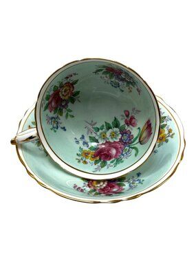 Paragon Double Warrant Teacup Saucer Mint Green Floral Bone China Vintage 40s UK